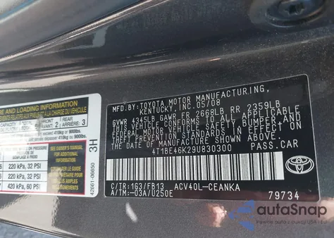 2009 Toyota Camry Le from USA, damaged, VIN 4T1BE46K29U830300